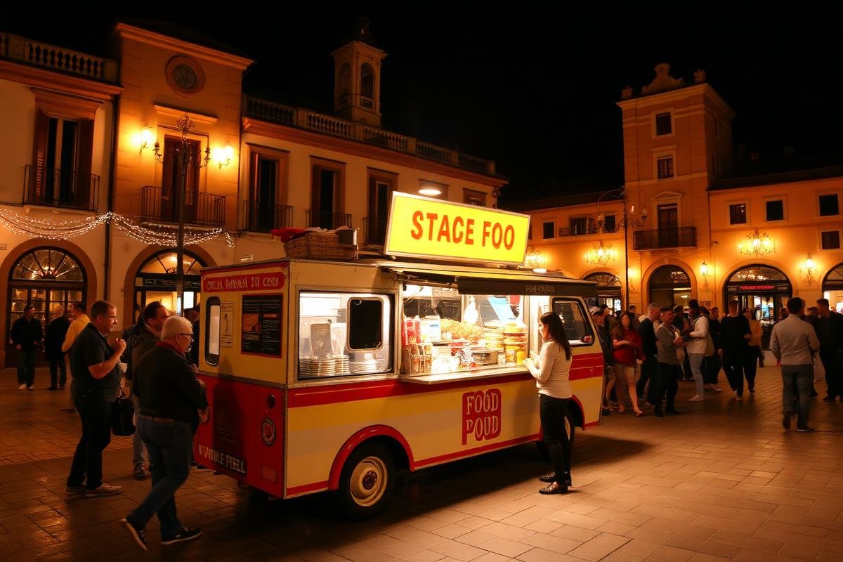 El Enrollao Food Truck iluminado en una plaza